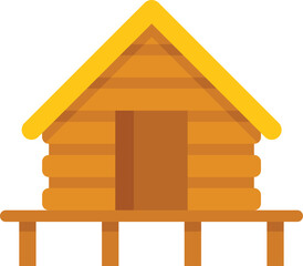 Sticker - Simple vector illustration of a wooden hut standing on stilts over water, featuring a yellow roof and brown walls, ideal for travel and tourism content