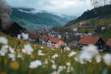 Wall Mural - Springtime in a picturesque Swiss village showcases colorful homes nestled in rolling hills beneath a cloudy sky. Generative AI