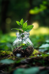 Plant grows inside glass bulb surrounded by lush green blurred background. Eco concept 