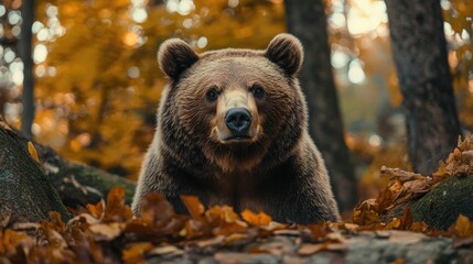 Wall Mural - large brown bear looking forward in autumn forest
