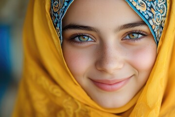 Young muslim woman smiling and wearing a yellow hijab