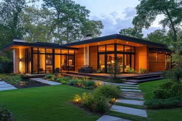 Modern single story home with patio lighting illuminating backyard garden at dusk