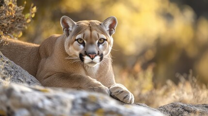 Wall Mural - wild cougar resting on mountain rocks in the wilderness