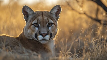 Wall Mural - wild cougar relaxing in tall grass at sunset
