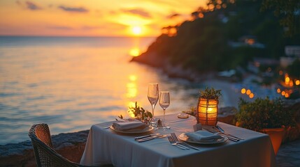 Romantic dinner table setting for two overlooking sunset on the coast