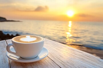 Savor a steaming coffee on a white table with an ocean view at sunset, inviting relaxation and tranquility in a cozy setting. Enjoy the calm nature and tropical charm, perfect for a summer vacation