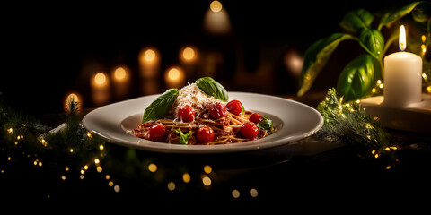 a plate of food with a candle in the background