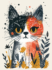  Hand drawn vector illustration of cute cat with flowers in grunge style.