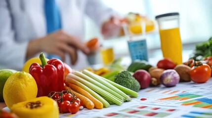 A variety of fresh vegetables and fruits on a table with health-related materials.