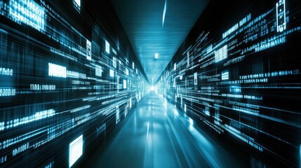 Poster - Abstract Digital Corridor with Blue and White Binary Code
