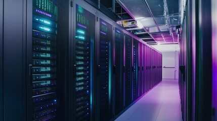 Poster - Server Racks in a Data Center with Purple and Blue Lighting