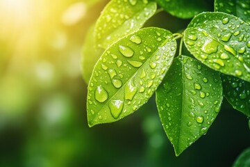 Leinwandbilder - Green leaves shine with refreshing water droplets, catching sunlight in a serene environment filled with natural beauty and life. Generative AI