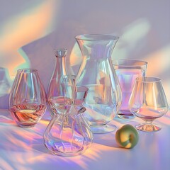 Still life scene of a collection of glasses, including a carafe, a spoon and accessories in transparent and shiny material. 60s design, with fluid shapes and clean lines