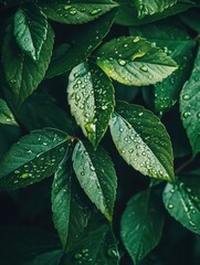 Leinwandbilder - Lush green leaves glisten with droplets of water, representing freshness and the beauty of nature after a rain shower. Generative AI