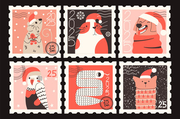 Funny domestic pets on Christmas stamps. New Year hand-drawn vector set. Cute character cat, snake, dog, mouse, parrot and guinea pig