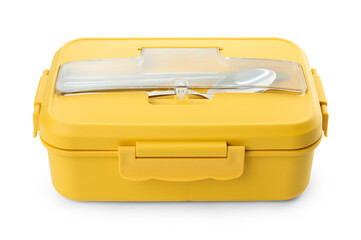 Poster - Yellow lunch box with cutlery isolated on white