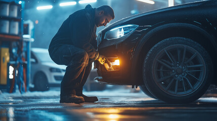 A mechanic installing new fog lights on a car in a brightly lit garage. The mechanic works under the front bumper, attaching the lights that will provide better visibility during foggy or snowy winter