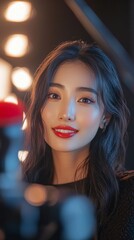 Portrait of a young Asian woman with vibrant red lipstick and glowing skin, illuminated by warm spotlights in a dimly lit, atmospheric setting.