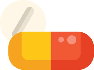 Wall Mural - This vector illustration features a red and yellow pill being cut in half by a tablet above