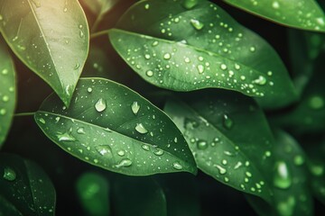 Wall Mural - Magnificent green leaves glisten with water droplets, showcasing nature’s elegance and the essence of hydration beneath soft sunlight. Generative AI