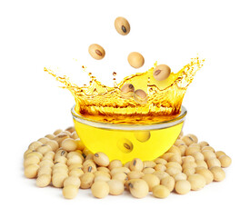 Poster - Soy beans and vegetable oil on white background