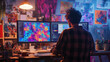 A creative studio with AI systems designing artwork on digital canvases, a human artist directing the process. 