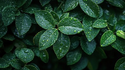 Canvas Print - The lush green leaves glisten with water droplets, reflecting the freshness of nature after rain in a tranquil outdoor space. Generative AI