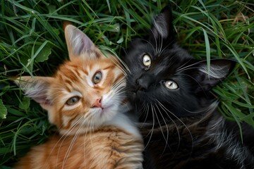 Sticker - Two cats, one orange and one black, look up at the camera while lying in grass. AI.