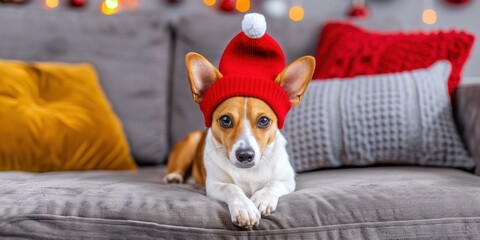 Poster - A dog wearing a Santa hat looks at the camera while lying on a couch. AI.