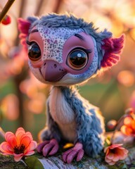 A fluffy, colorful creature with big eyes sits among the flowers. AI.
