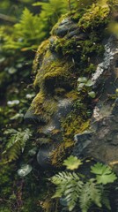 Poster - A stone face overgrown with moss and foliage. AI.