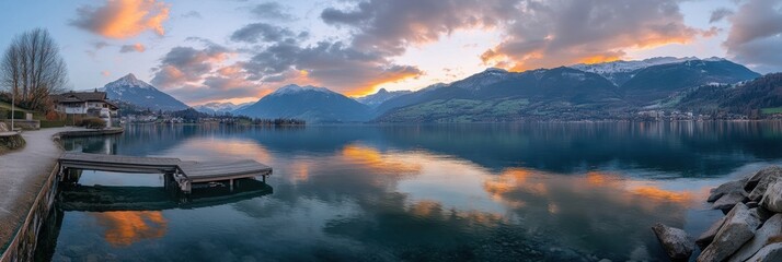 Sticker - Witness the stunning interplay of colors at sunset as spring blooms over a calm Swiss lake reflecting the mountains. Generative AI