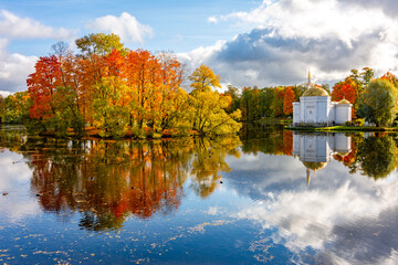 Turkish bath and Grand pond in autum in Catherine park, Pushkin (Tsarskoe Selo), St. Petersburg, Russia