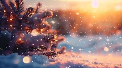 Wall Mural - an sunset belief including a holiday lighting on snowfall and a pine tree