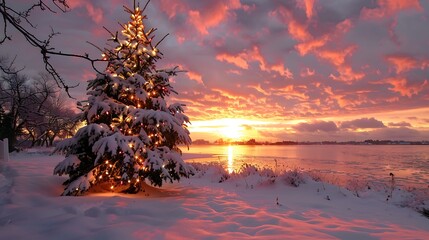 Wall Mural - an sunset belief including a holiday lighting on snowfall and a pine tree