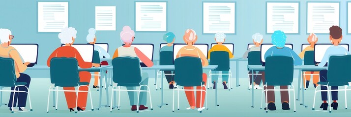 Leinwandbilder - A group of seniors participates in a computer course, using laptops and desktops to enhance their digital skills in a friendly environment. Generative AI