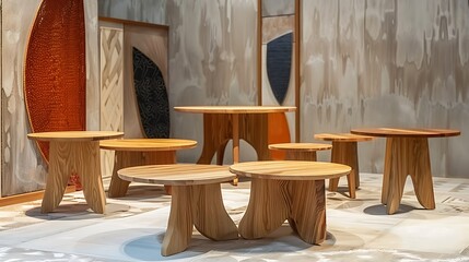 Assortment of bent leg oak tables set on a stylish backdrop