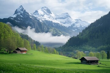 Leinwandbilder - Experience the tranquility of spring in the Swiss Alps as green fields contrast with majestic mountains under a clear sky. Generative AI