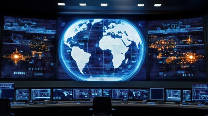 Aufkleber - A Control Room with a Global Display and Monitors Showing Digital Data