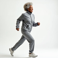 a woman running in a gray suit with a white shirt on