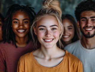 Diverse group of business professionals standing together, smiling in a modern office. Friendly, inclusive workplace culture and teamwork concept.