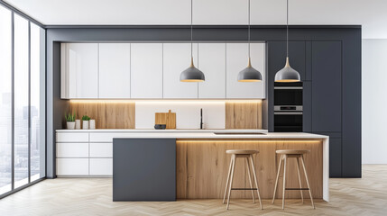 Wall Mural - A stylish kitchen with white and gray cabinets, wooden accents, and a parquet floor. It features modern pendant lights, a kitchen island with stools, and a minimalist design.