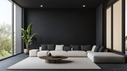 a sleek, modern living room with dark walls. a large, empty black wall is perfect for displaying art
