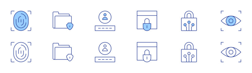 Security icon set in two styles, Duotone and Thin Line style. Editable stroke. fingerprint, secure folder, webpage, personal security, padlock, eye scanner