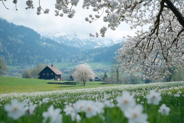 Canvas Print - Springtime in Switzerland reveals fields adorned with blooming flowers and majestic mountains in the distance, creating a picturesque landscape. Generative AI