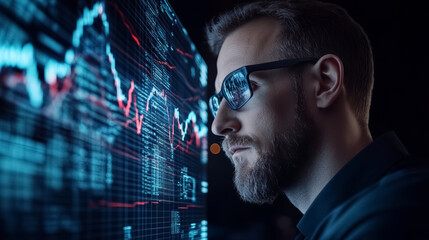 stock market trader analyzing financial data on a digital screen with graphs and charts