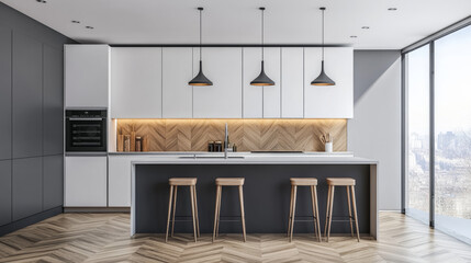 A stylish kitchen with white and gray cabinets, wood accents, and a parquet floor. It has modern pendant lights and a minimalist design. The island has stools and decorations.