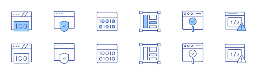 Website icon set in two styles, Duotone and Thin Line style. Editable stroke. ico, layout, web security, usability, coding, binary code
