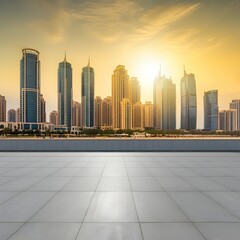 Modern city skyline at sunset with skyscrapers reflecting golden sunlight, spacious tiled floor, and metal railing in the foreground, perfect for urban lifestyle, travel, and architecture content.