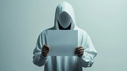A mysterious figure with covered face in a white hoodie, holding a blank sheet of paper, against a plain white background